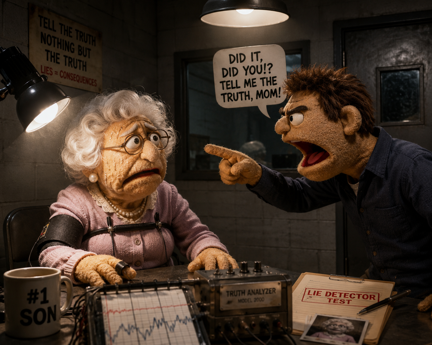 Puppet-style lie detector test scene